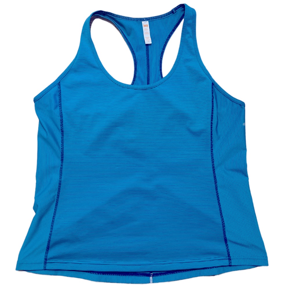 Lucy Women’s Athletic Racerback Tank Top Turquoise & Navy Blue Pin Stripes, XL
